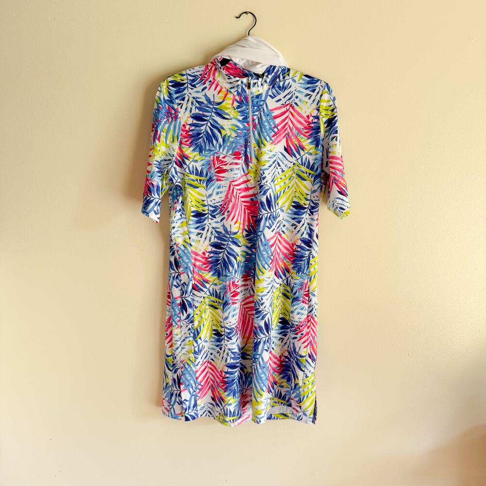 Tail Blue + Pink Green Palm Print Short Sleeve Golf Dress - Large